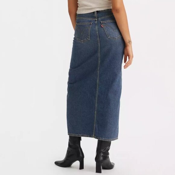 Levis Premium Ankle Column Skirt Dark Wash Denim Midi Centre Slit W 26 - Picture 2 of 16